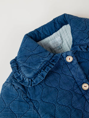 MAXI COLLAR DENIM PADDED JACKET WITH POCKETS MEDIUM BLUE