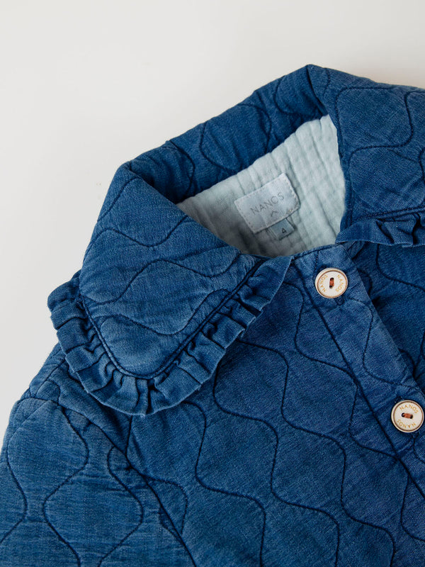 MAXI COLLAR DENIM PADDED JACKET WITH POCKETS MEDIUM BLUE