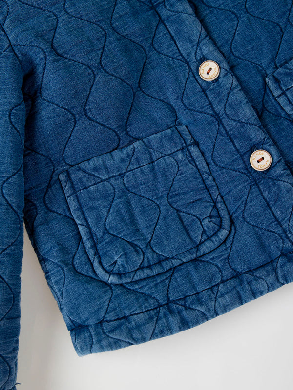 MAXI COLLAR DENIM PADDED JACKET WITH POCKETS MEDIUM BLUE