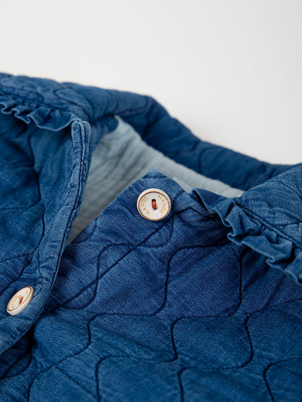 MAXI COLLAR DENIM PADDED JACKET WITH POCKETS MEDIUM BLUE