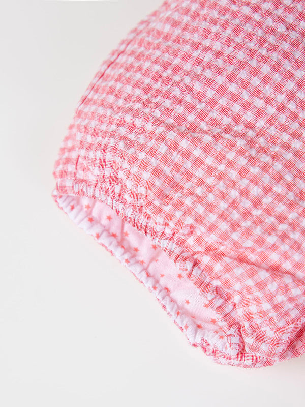 STRAWBERRY CHECK SEERSUCKER ROMPER