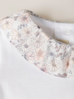 SHORT SLEEVE BODYSUIT WITH FLOWER PRINT NECK IN PURE WHITE