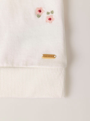 SWEATSHIRT WITH EMBROIDERED FLOWER RUFFLES AND BEIGE SLEEVES