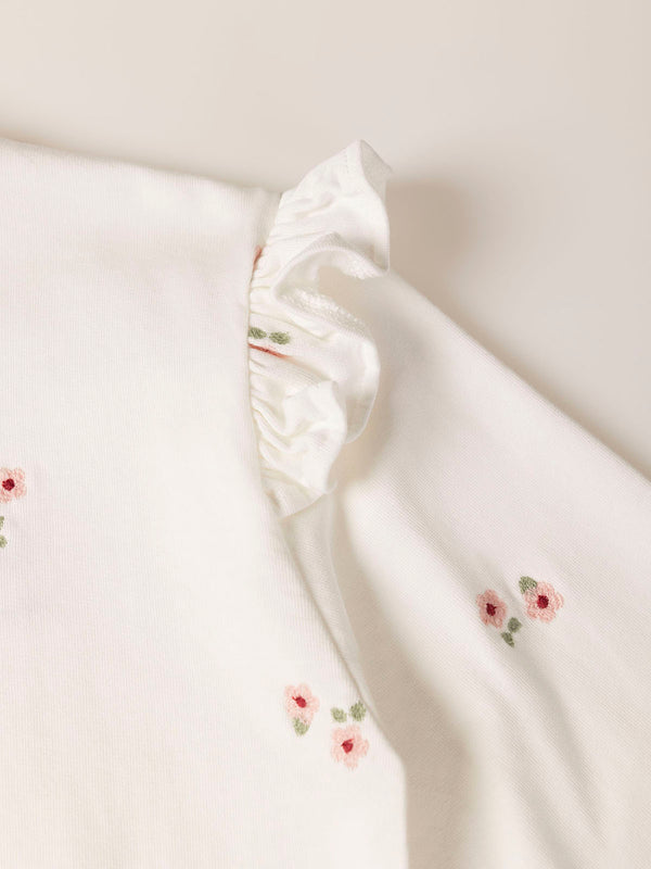 SWEATSHIRT WITH EMBROIDERED FLOWER RUFFLES AND BEIGE SLEEVES