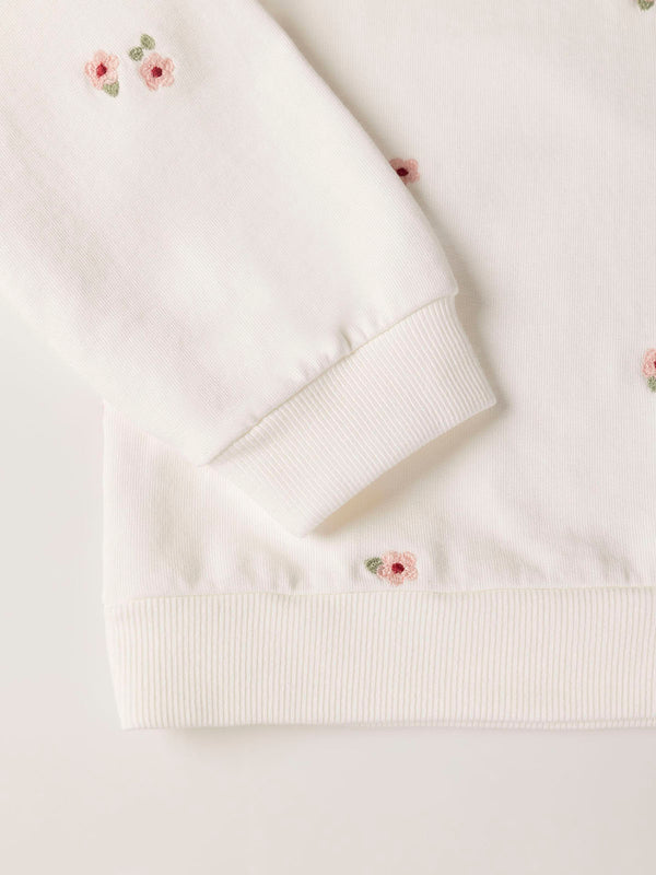 SWEATSHIRT WITH EMBROIDERED FLOWER RUFFLES AND BEIGE SLEEVES