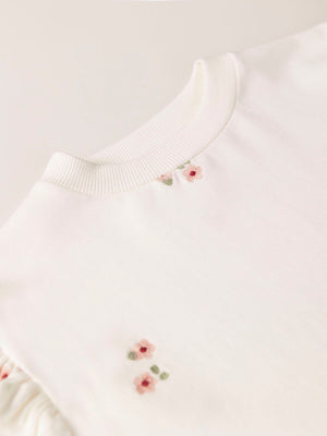 SWEATSHIRT WITH EMBROIDERED FLOWER RUFFLES AND BEIGE SLEEVES