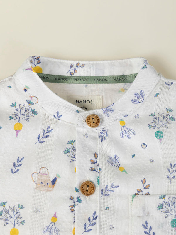 CAMISA CUELLO PANADERO TEJIDO ESTRUCTURA ESTAMPADO RASTRILLO NATA
