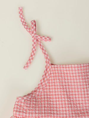 STRAWBERRY CHECK SEERSUCKER STRAP DRESS