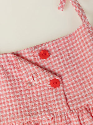 STRAWBERRY CHECK SEERSUCKER STRAP DRESS