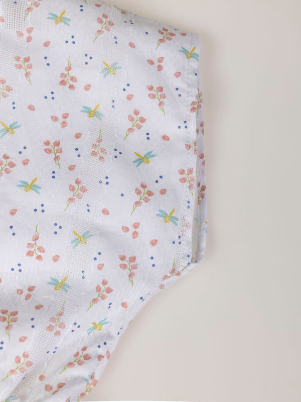 FANTASY FABRIC BLOUSE WITH RUFFLE ON NECK, STRUCTURED CREAM DRAGONFLY PRINT