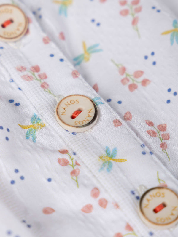 FANTASY FABRIC BLOUSE WITH RUFFLE ON NECK, STRUCTURED CREAM DRAGONFLY PRINT