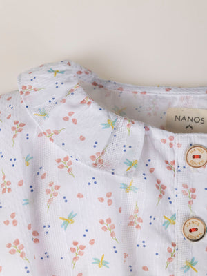 FANTASY FABRIC BLOUSE WITH RUFFLE ON NECK, STRUCTURED CREAM DRAGONFLY PRINT