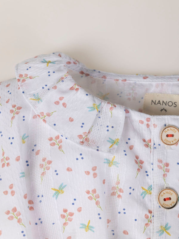 FANTASY FABRIC BLOUSE WITH RUFFLE ON NECK, STRUCTURED CREAM DRAGONFLY PRINT