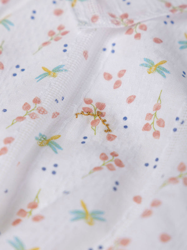 FANTASY FABRIC BLOUSE WITH RUFFLE ON NECK, STRUCTURED CREAM DRAGONFLY PRINT