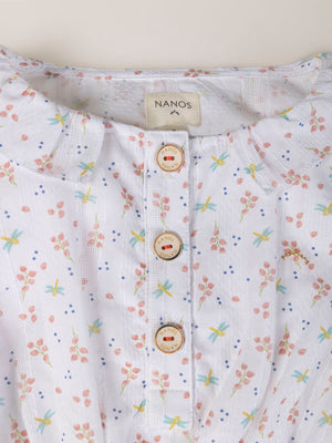 FANTASY FABRIC BLOUSE WITH RUFFLE ON NECK, STRUCTURED CREAM DRAGONFLY PRINT