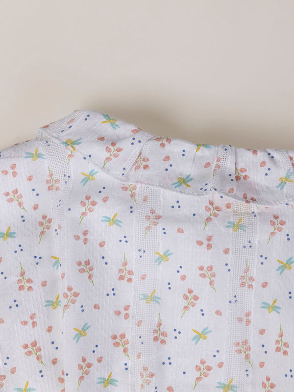 FANTASY FABRIC BLOUSE WITH RUFFLE ON NECK, STRUCTURED CREAM DRAGONFLY PRINT