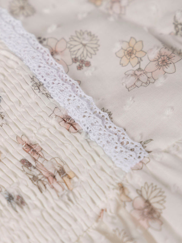 CREAM FLOWER PRINT EMBROIDERED NECK DRESS