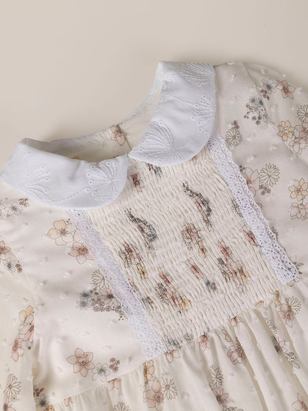 CREAM FLOWER PRINT EMBROIDERED NECK DRESS