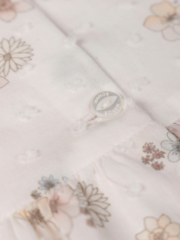 CREAM FLOWER PRINT EMBROIDERED NECK DRESS