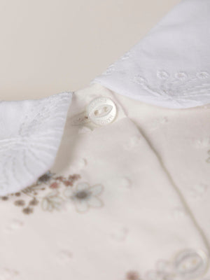 CREAM FLOWER PRINT EMBROIDERED NECK DRESS