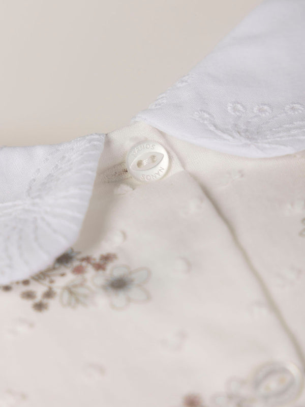 CREAM FLOWER PRINT EMBROIDERED NECK DRESS