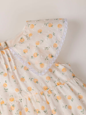 PEACH PRINT PLUMETIS DRESS WITH TWO PEACH RUFFLES