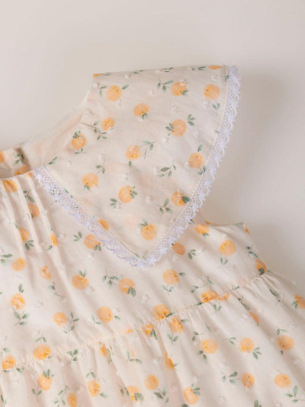 PEACH PRINT PLUMETIS DRESS WITH TWO PEACH RUFFLES