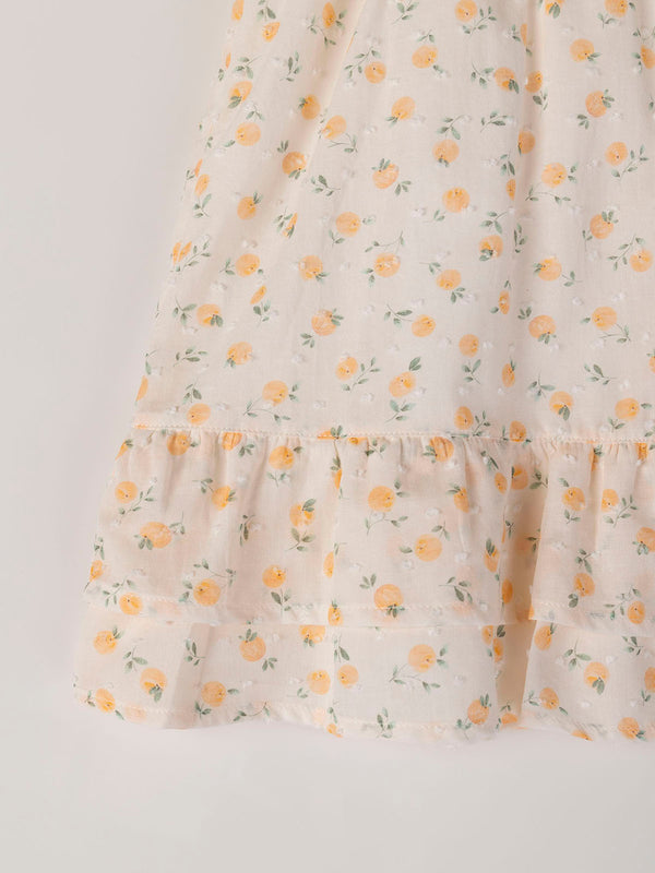 PEACH PRINT PLUMETIS DRESS WITH TWO PEACH RUFFLES