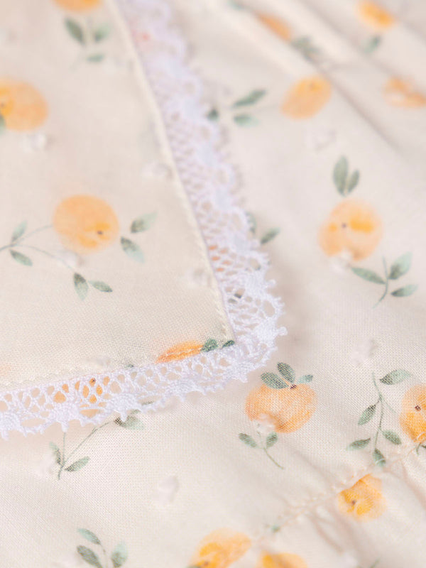 PEACH PRINT PLUMETIS DRESS WITH TWO PEACH RUFFLES