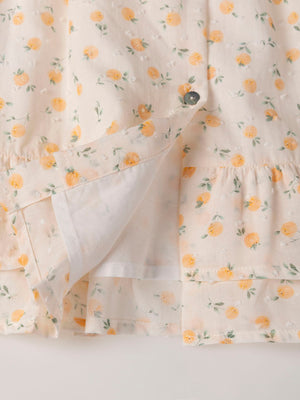 PEACH PRINT PLUMETIS DRESS WITH TWO PEACH RUFFLES