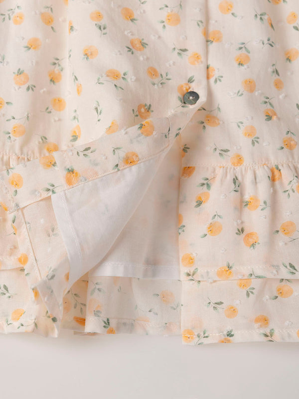 PEACH PRINT PLUMETIS DRESS WITH TWO PEACH RUFFLES