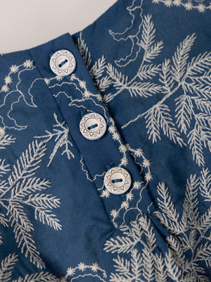 MEDIUM BLUE EMBROIDERED DRESS WITH BACK NECKLINE