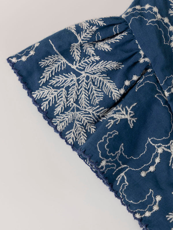 MEDIUM BLUE EMBROIDERED DRESS WITH BACK NECKLINE