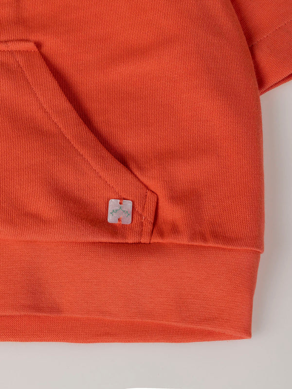 CORAL RUFFLE ELBOW SLEEVE HOODED SWEATSHIRT