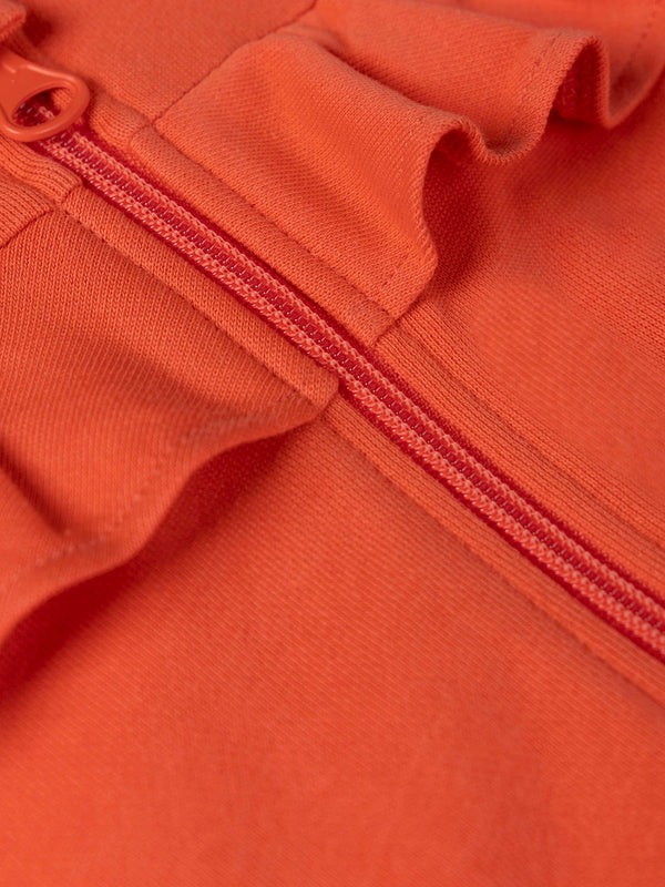 CORAL RUFFLE ELBOW SLEEVE HOODED SWEATSHIRT