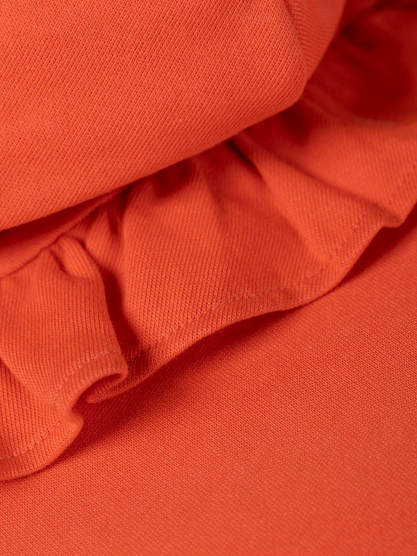 CORAL RUFFLE ELBOW SLEEVE HOODED SWEATSHIRT