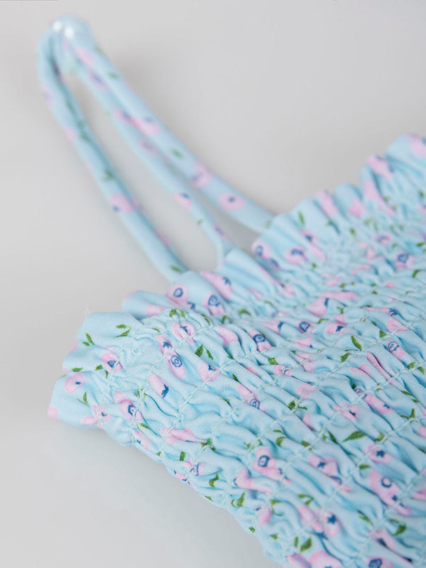 Bikini con frunces estampado arándanos azul claro