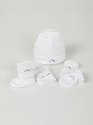 PACK OF PURE WHITE HAT, MITTENS AND BOOTIES