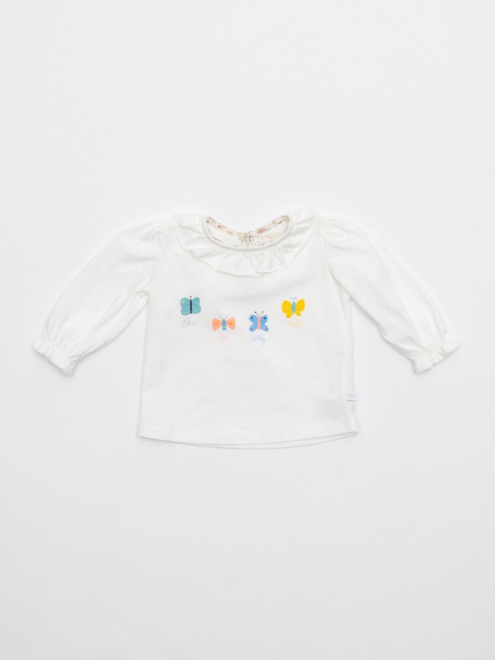 Camiseta cuello volante mariposas piping Liberty nata