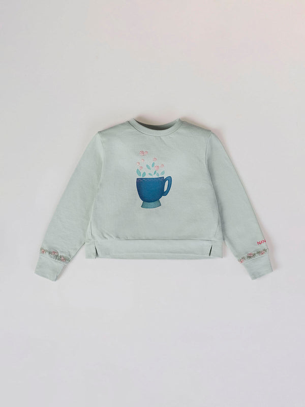 SUDADERA DE FELPA BORDADOS PUÑO VERDE CLARO