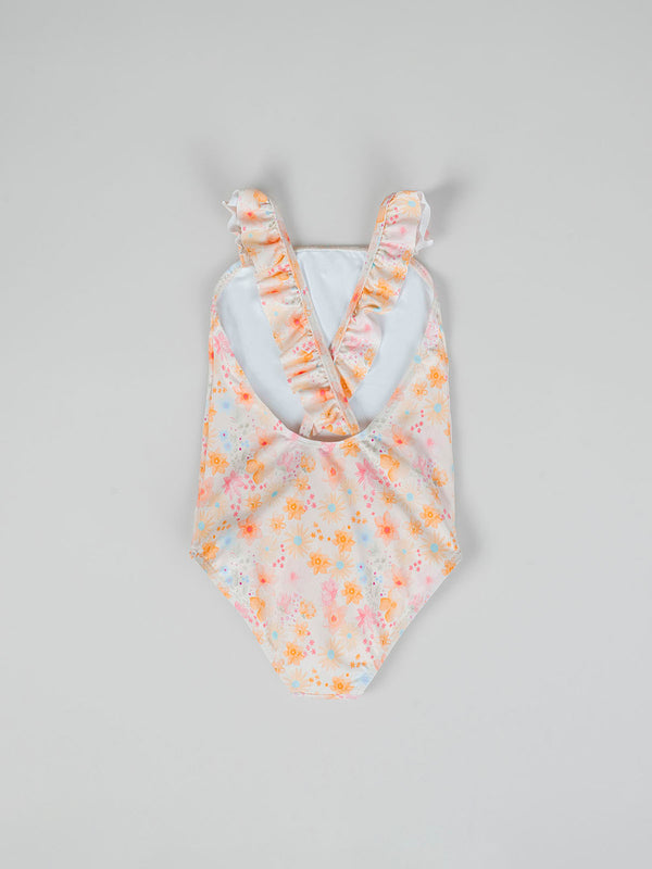 MULTICOLOR FLORAL PRINT SWIMSUIT WITH RUFFLED STRAPS