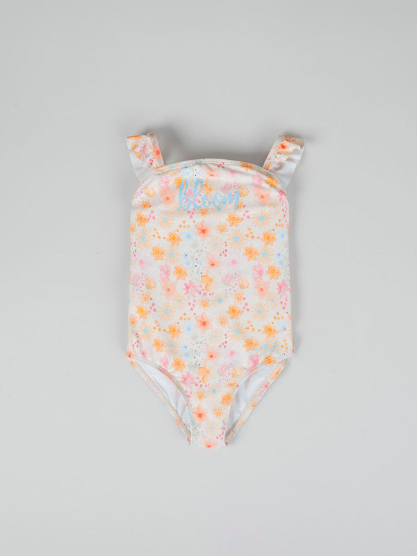 MULTICOLOR FLORAL PRINT SWIMSUIT WITH RUFFLED STRAPS