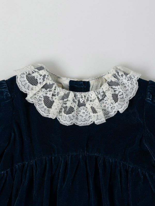 VESTIDO TERCIOPELO CUELLO Y PUÑOS PUNTILLA AZUL MARINO