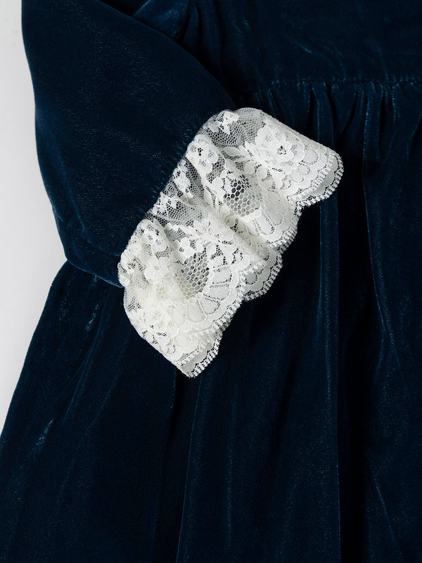 VESTIDO TERCIOPELO CUELLO Y PUÑOS PUNTILLA AZUL MARINO