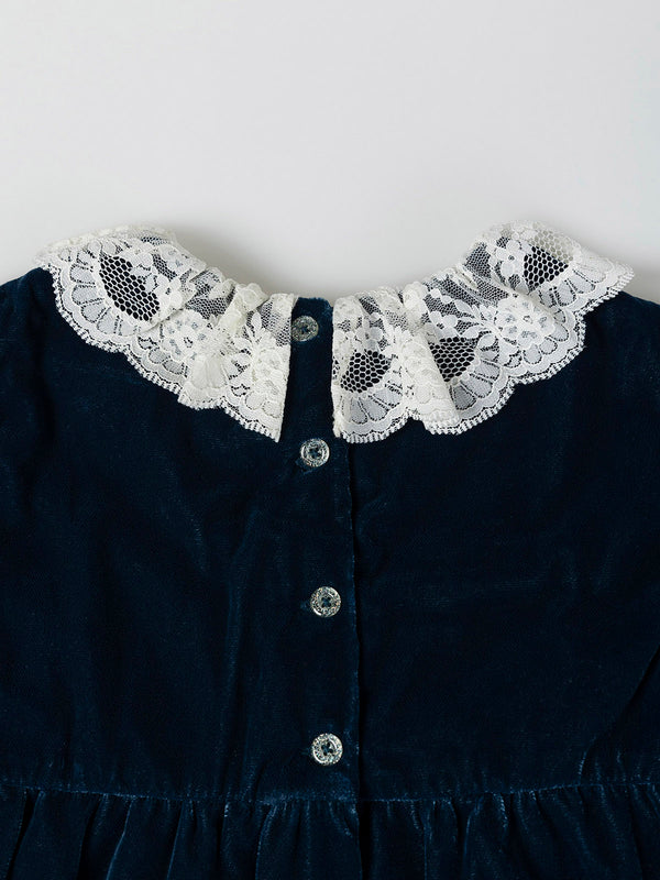 VESTIDO TERCIOPELO CUELLO Y PUÑOS PUNTILLA AZUL MARINO