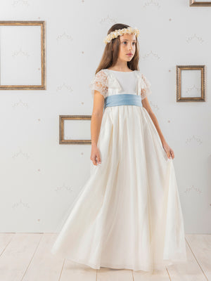 Vestido de comunión puntilla lazo azul