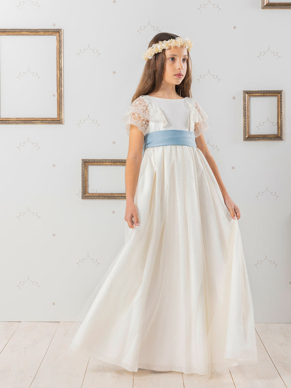 Vestido de comunión puntilla lazo azul