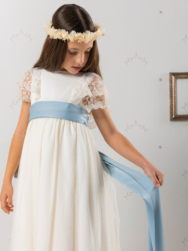 Vestido de comunión puntilla lazo azul