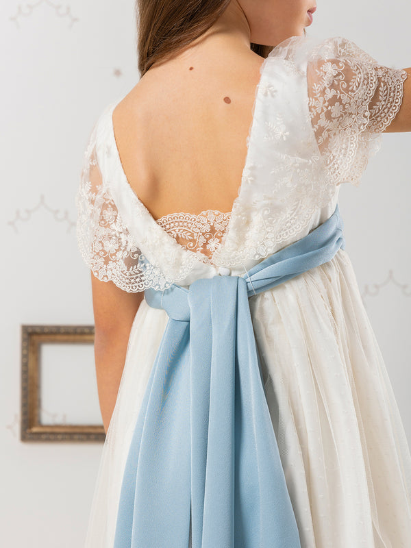 Vestido de comunión puntilla lazo azul