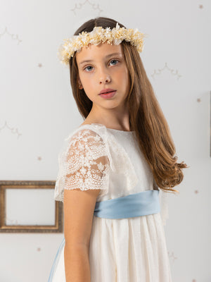 Vestido de comunión puntilla lazo azul